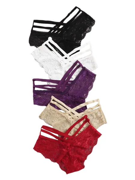 Verdusa Women's 5pack Criss Cross Strappy Floral Lace Panty Sets Brief Underwear