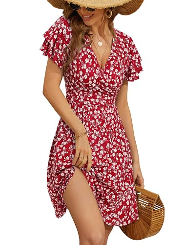 VETIOR Womens Sundress Summer Wrap V Neck Floral Spring Dresses Short Sleeve Sun Dress for Women Casual 2024 - Medium - Burgundy Floral