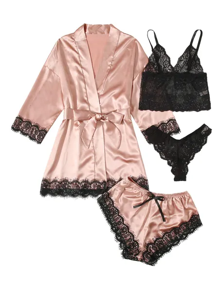 WDIRARA Women's 4 Pieces Satin Floral Lace Cami Top Lingerie Pajama Set with Robe