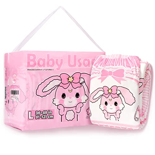 LittleForBig Adult Printed Diaper 10 Pieces - Baby Usagi (Large 36"-48") - Pink - L