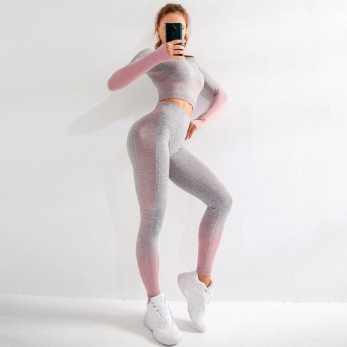 Seamless Aim Set (Leggings + Top) - Grey & Pink / L