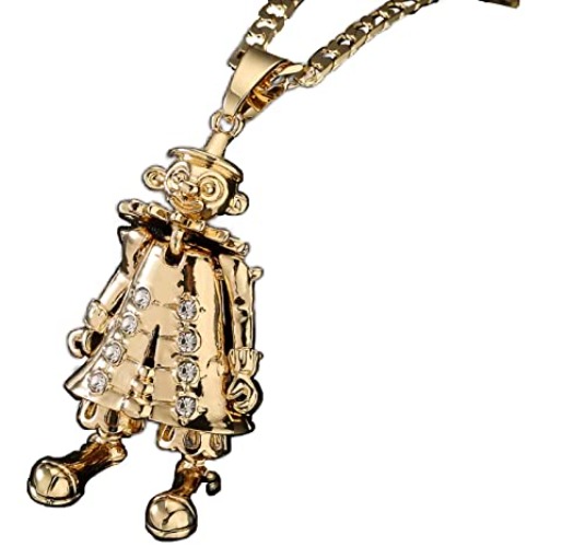 THE BLING KING Gold Gold 3D Clown Clear Color Pendant with Cuban Chain Necklace - Gold Plated Jewellery with Moveable Arms, Legs, & Head - Chain Size: 4mm x 22 Inch
