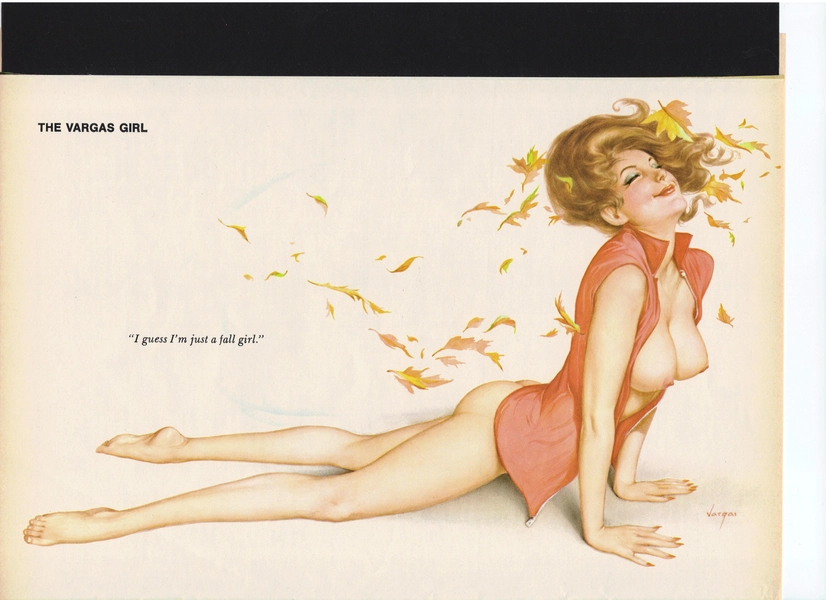 Vargas Playboy Oct 1973 Cute Brunette Enjoying the Windblown Fall Leaves  8x11