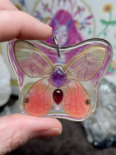 Real Butterfly Pendant Pink Glasswing necklace Cithaerias Aurorina ~ Authentic Lepidoptera Jewlery Amethyst Garnet Opal crystal pendant