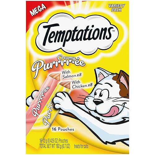 Temptations Creamy Puree with Chicken and Salmon Variety Pack of Lickable, Squeezable Cat Treats, 0.42 Oz Pouches, 16 Count - Variety Pack - 6.72 Ounce (Pack of 1)