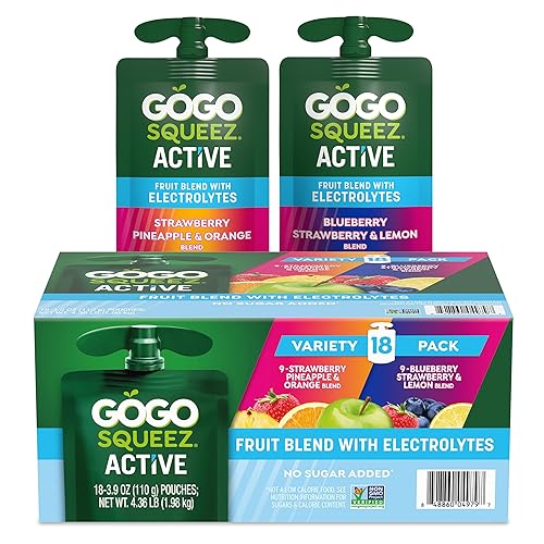 GoGo squeeZ Active Fruit Blend with Electrolytes | 18-Count Variety Pack | Blueberry Strawberry Lemon & Strawberry Pineapple Orange | Made with Real Fruit and Antioxidants Vitamin A, Vitamin E, & Vitamin C​