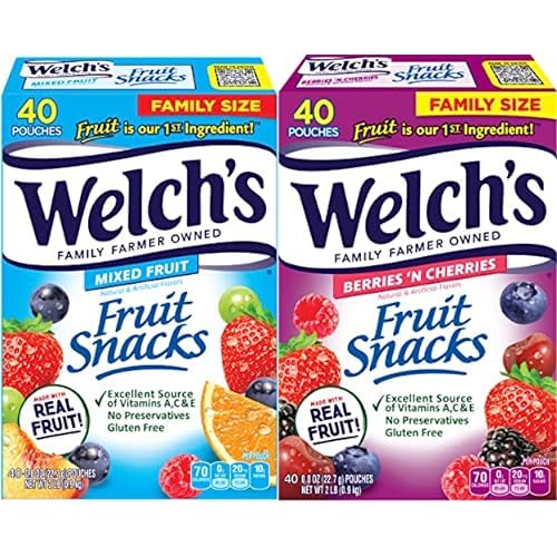 Welch's Fruit Snacks Bundle, Mixed Fruit & Berries 'N Cherries, Gluten Free, Bulk Pack, Individual Single Serve Bags, 0.8 oz (Pack of 80) - Mixed Fruit - 0.8 Ounce (Pack of 80)