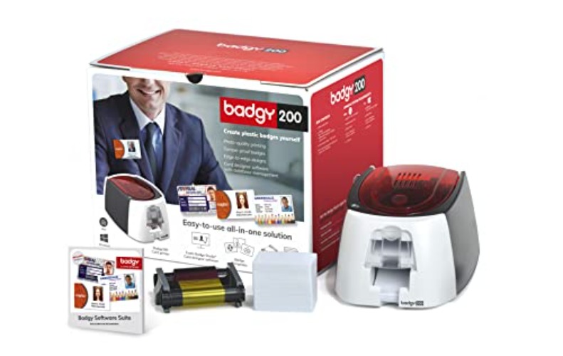 Badgy200 Plastic Card Printer with Badge Studio+ ID design software for full color, custom, tamper proof ID badges in seconds