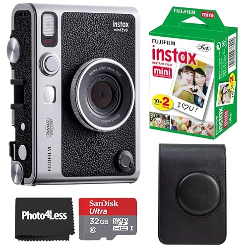 Fujifilm Instax Mini EVO Hybrid Instant Camera Black Bundle with Instax Mini Instant Film 20 Sheets, 32GB microSD Card, Vintage Style Black Camera Case, Bundle