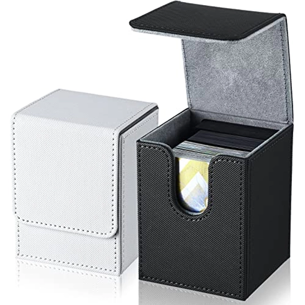 Weewooday 2 Boxes Leather Deck Card Boxes Large Size Fit 100 Plus Sleeved Cards Deck Game Box for Collectible Cards Deck Playing Card Box Compatible with MTG TCG (White, Black, Vertical)