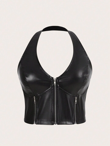 SHEIN ICON Plus Zip Up PU Halter Top