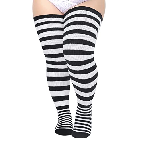 Plus Size Women thigh high socks Long striped warm over the knee socks Thick wide thigh - Leg Warmer Boot Socks - Black - One Size