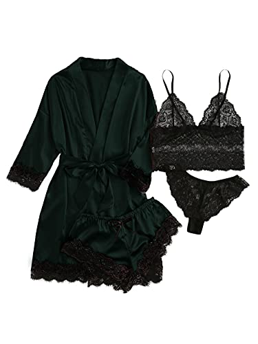 SOLY HUX Women's Satin Pajama Set 4pcs Floral Lace Trim Cami Lingerie Sleepwear with Robe - 3X-Large - Green and Black