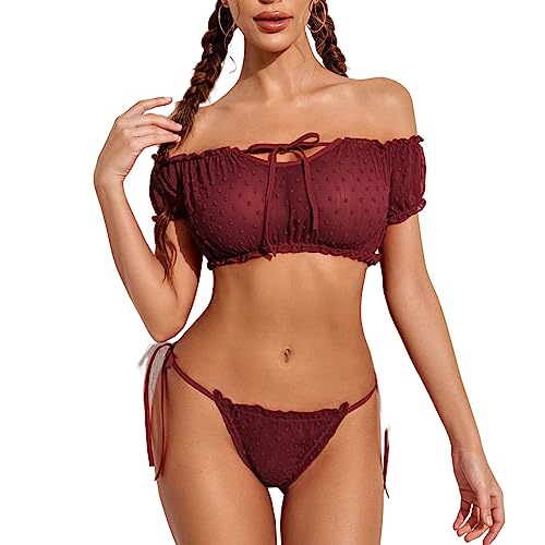 Avidlove Bra and Panty Set Ruffle Lingerie Set Mesh Babydoll Chemise - Wine Red - XX-Large