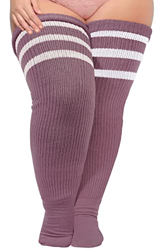 Plus Size Womens Thigh High Socks for Thick Thighs- Extra Long Striped Thick Over the Knee Stockings- Leg Warmer Boot Socks - Bean Paste & White