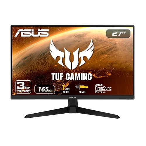 ASUS TUF Gaming 27" 1080P Gaming Monitor - Full HD, 165Hz (Supports 144Hz), 1ms, Extreme Low Motion Blur, FreeSync Premium, Shadow Boost, Eye Care, HDMI, DisplayPort, Tilt Adjustable - VG277Q1A,Black - 27" FHD 1ms 165Hz FreeSync Premium