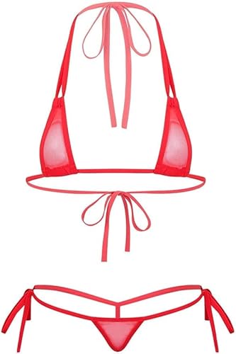ZTie Women’s Sheer Extreme Swimsuit Bikini Halterneck Top and Tie Sides Micro Bikini Thong Sets - One Size - Red