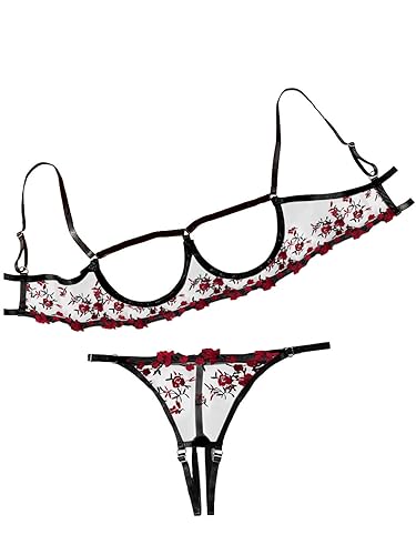 Lilosy Sexy Underwire Floral Lace Sheer Lingerie Set for Women See Through Bra and Panty 2 Piece - Small - Black Red Embroidery