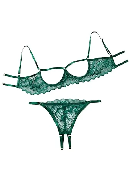 Lilosy Sexy Underwire Floral Lace Sheer Lingerie Set for Women See Through Bra and Panty 2 Piece