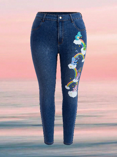 SHEIN X Care Bears Plus Size Summer Rainbow Stars Bear Printed Skinny Jeans With Dopa And Sports Style