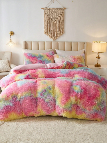 3Pcs Pink Rainbow Tie Dye Bedding Plush Shaggy Duvet Cover Set Fluffy Duvet Cover With Pillowcases (1pc Fluffy Duvet Cover+2pcs Pillowcases) Bedding Set For Bedroom Guest Room King Queen Full Twin Size