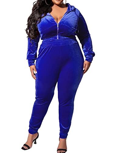 IyMoo Plus Size Velvet 2 Piece Set for Women Cute Hoodied Crop Top Short Outfit Velour Long Sleeve Zip Up Matching Suit - 5X-Large - Color Blue
