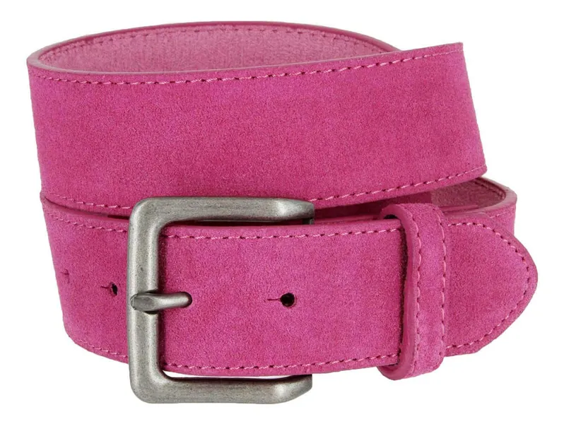A399-BS066 Square Buckle Casual Jean Suede Leather Belt 1 1/2" Wide - 34 Pink