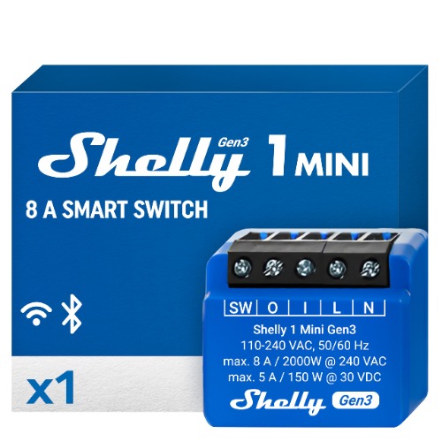 Shelly 1 Mini Gen 3 | WiFi ve Bluetooth Smart Switch Röle 1 Kanal 8A | Ev Otomasyonu | Alexa ve Google Home ile Uyumlu | iOS Android Uygulaması | Hub Gerekmez | Kuru Kontaklar