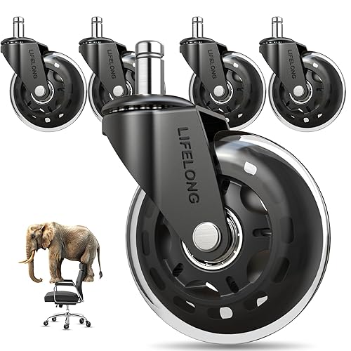 Lifelong Office Chair Wheels Replacement Rubber Chair Casters for Hardwood Floors and Carpet, Set of 5, Heavy Duty Casters for Chairs to Replace Office Chair Mats - Fits 98% - Clear
