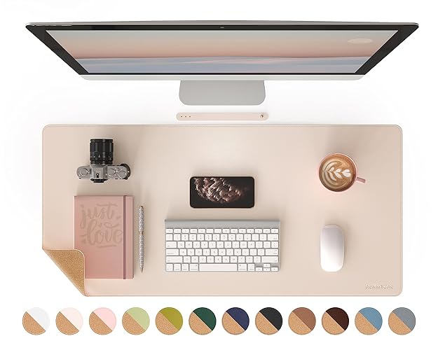 RENMTURE Dual-Sided Mouse Pad, Natural Cork & PU Leather Large Desk Pad for Office and Home Work, Desk Protector Non-Slip, Waterproof, Easy Clean (Apricot, 36"x17") - Apricot - 36"x17"