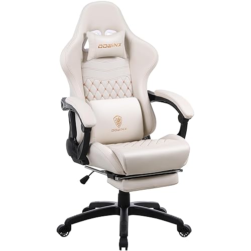 Dowinx Gaming Chair Office Desk Chair with Massage Lumbar Support, Vintage Style Armchair PU Leather E-Sports Gamer Chairs with Retractable Footrest (Ivory) - Ivory - Linkage armrests
