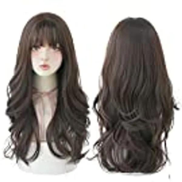 PARK YUN Brown Wig with Bangs for Women Synthetic Long Curly Wavy Wigs Heat Resistant Fiber Hair for Girl Daily Use