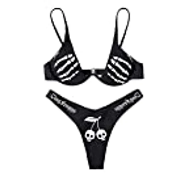 Funny Bikini Sets for Women, Cheeky Graphic Punk Goth Lingerie Crop Bra Top and High Waisted Thong Brief Swimwear