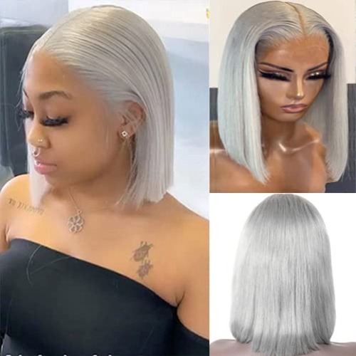16 Inch Grey Human Hair Bob Wigs 13x1x4 Lace Fronal T Part Wigs Pre Plucked with Baby HairBrazilian Virgin Hair Glueless Middle Part Gray Lace Bob Wigs Bleached Knots Short Cut for Women - 16 Inch #grey