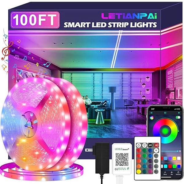 100ft Led Strip Lights,Long Smart Led Light Strips Music Sync 5050 RGB Color Changing Rope Lights,Bluetooth APP/IR Remote/Switch Box Control Led Lights for Bedroom,Home Decoration,Party,Festival