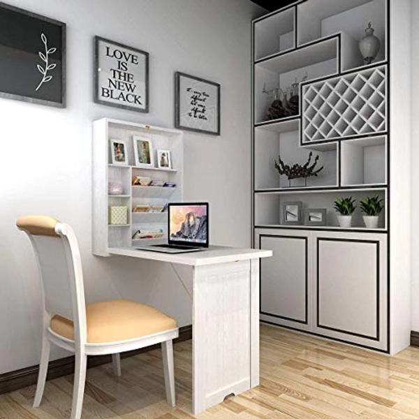 Nightcore Wall Mounted Table w/Classified Storage Space, Foldable Multiple-Purpose Desk, Sturdy Wood Structure, Floating Convertible Desk/Cabinet for Apartment, Narrow Place and Limited Room (White)