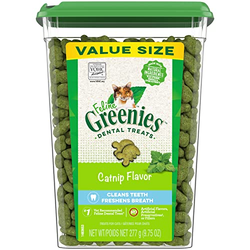 FELINE GREENIES Cat Treats Natural Dental Care, Catnip Flavour, 9.75oz. Tub - Cat Treats - 277.00 g (Pack of 1)