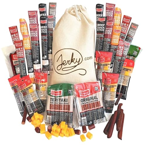 Jerky Gift Basket for Men - 52pc Jerky Variety Pack of Beef, Pork, Turkey, & Ham Snack Sticks - High Protein Healthy Snack - Unique Gift for Men - 52 Piece Gift Bag