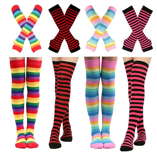 Barrlves 2/4 Sets Womens Striped Knee High Socks Long Knitted Arm Warmers Fingerless Gloves for Halloween Costume - 4sets Striped Rainbow Red+rainbow Pink+red+rose