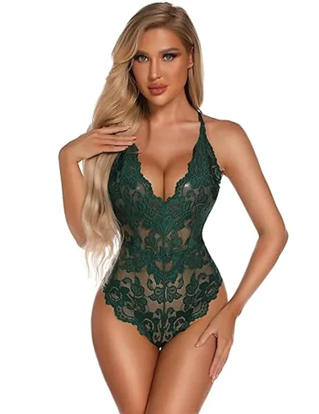 EVELIFE Women's Bodysuit Lace Sexy Teddy Lingerie Naughty One Piece Floral Underwear - M - Green
