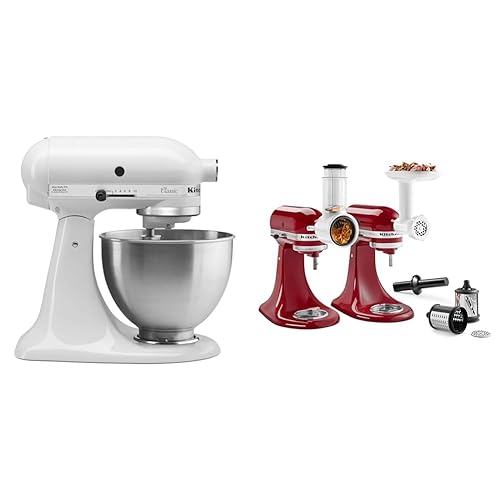 KitchenAid Classic Series 4.5 Quart Tilt-Head Stand Mixer K45SS, White & ® Food Grinder + Fresh Prep Slicer/Shredder Attachment Bundle, White - White - Mixer + Attachment Bundle