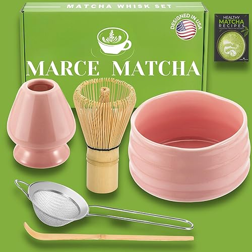 Marce Matcha Whisk Set- Matcha Set includes Matcha Whisk and Bowl (Matcha Bowl), Sifter, Holder and Scoop- The Perfect Bamboo Whisk for Matcha Tea (Pink) - Pink