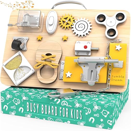 Jumble Dream Montessori Busy Board - Wooden Sensory Activity Toy - Educational & Fidget Play with Locks, Spinners & More - Travel Toy for Autism & ADHD - Baby Busy Board for Ages 1-4
