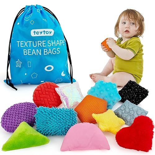 teytoy Texture Sensory Bean Bags Toys for Autism, 12 Fidget Sensory Shape Toys with Storage Bag, Develop Fine Motor & Sensory Play for Baby Boys Girls Special Needs Developmental Toys - Texture Sensory