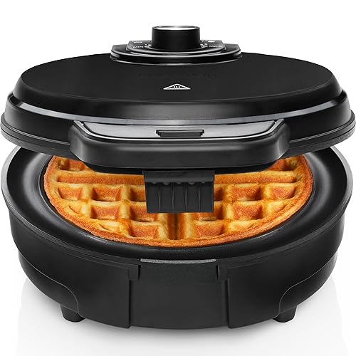Chefman Anti-Overflow Belgian Waffle Maker w/ Shade Selector, Temperature Control, Mess Free Moat, Round Iron w/ Nonstick Plates & Cool Touch Handle, Measuring Cup Included, Black - Black - Waffle Maker