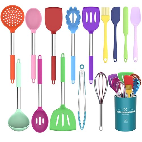 Umite Chef Kitchen Utensils Set, 15 pcs Silicone Cooking Kitchen Utensils Set, Non-Stick Silicone Stainless Steel Handle Turner Spatula Spoon Tongs Whisk Cookware - Colorful - Colorful