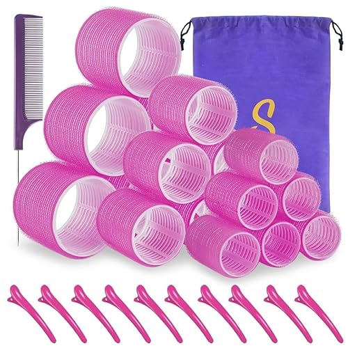 Self grip hair roller set,18 pcs,Hair rollers with hair roller clips and comb,Salon hairdressing curlers,DIY Hair Styles, Sungenol 3 Sizes Rose red Hair Rollers in 1 set - 1 Count (Pack of 18) - Rose red - 18