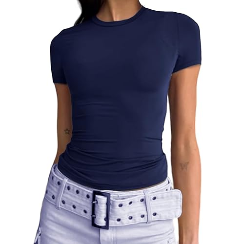 Abardsion Women's Casual Basic Going Out Crop Tops Slim Fit Short Sleeve Crew Neck Tight T Shirts - Navy Blue - Small