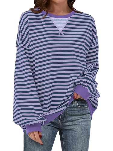 ANRABESS Women Striped Oversized Sweatshirt Long Sleeve Crewneck Shirts 2024 Fall Fashion Pullover Sweater Trendy Clothes - Blue Purple - Medium