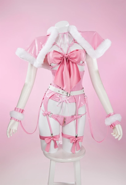 Pink Bowknot Valentine Gift Style Sexy Lingerie Set Kawaii Hooded Cape and Top Panty with Corset
